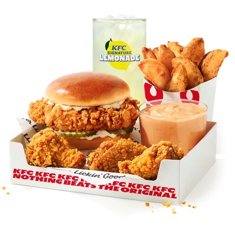 KFC's Hot Ranch Big Box with a Chicken Sandwich, three Double Crispy Hot Wings, potato wedges and a Hot Ranch Big Dip